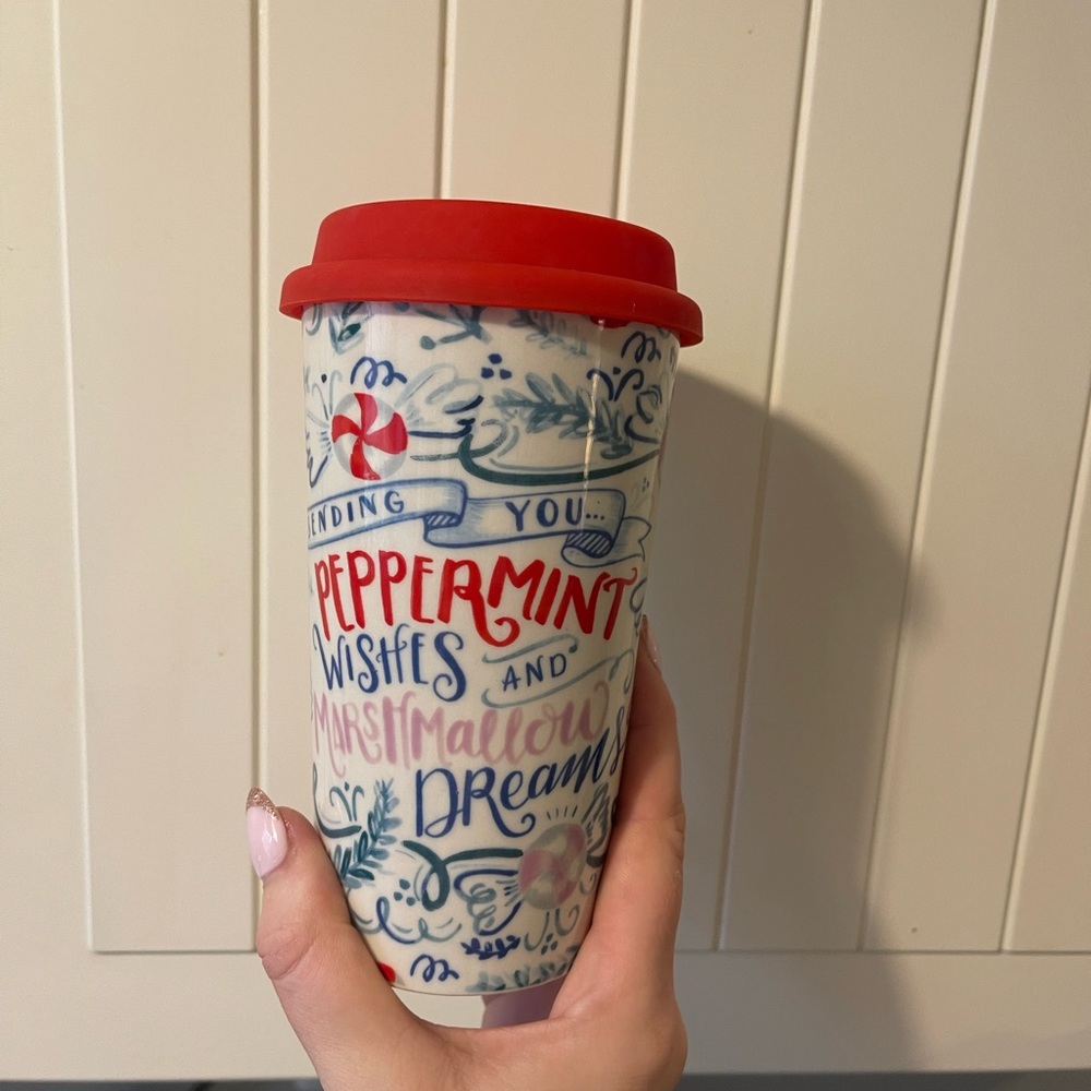 Anthropologie Peppermint Wishes Travel Mug w Silicone Lid red white and blue